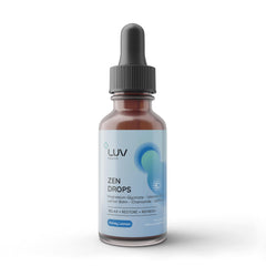 LUV Zen Drops bottle displaying the calming formula for daily stress support.