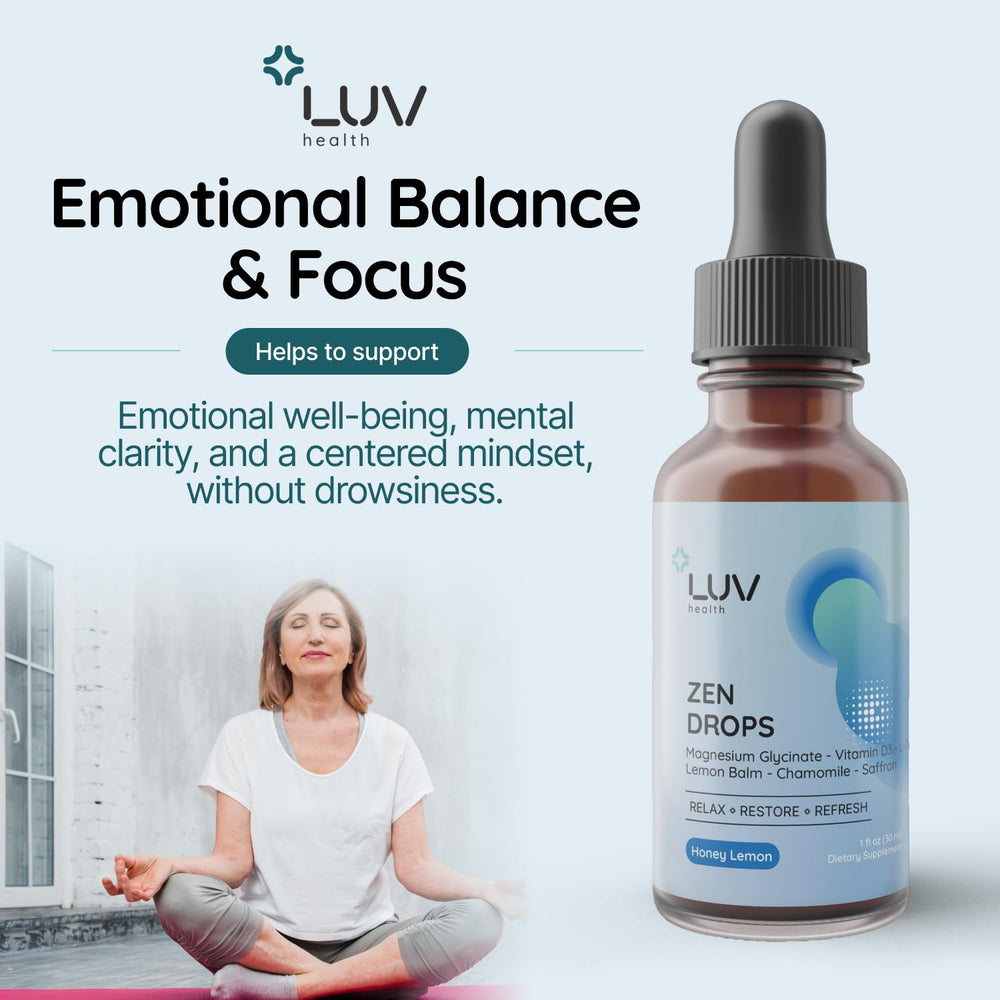 Close-up of LUV Zen Drops label highlighting key ingredients.