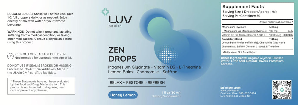 Packaging shows vegan, non-GMO, USA-made quality from LUV Zen Drops.