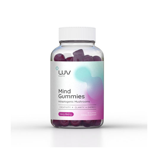 LUV Health Mind Gummies bottle-front highlighting focus support and clean ingredients.
