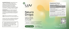 LUV health Neuro Drops ingredients close-up featuring Lion’s Mane, Cordyceps, and Turmeric.