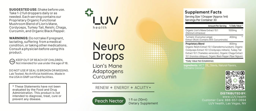 LUV health Neuro Drops organic vegan ingredients and clean labeling