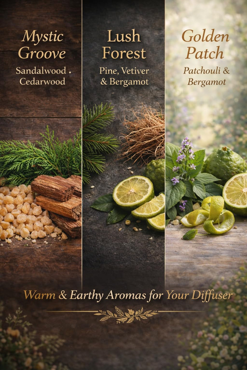 LuvAir Woody collection 30ml bottles close-up for warm, earthy ambience.