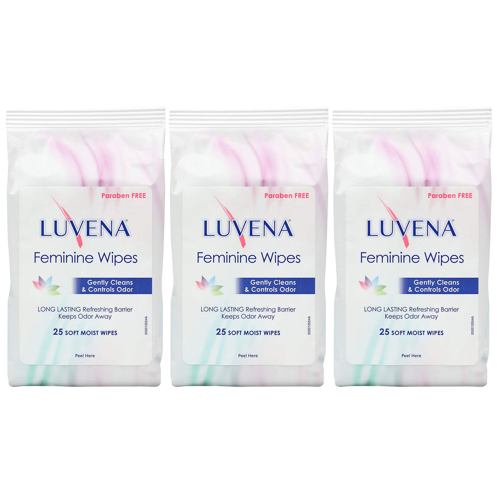 Luvena feminine wipes pack—25 count—for on-the-go refresh.