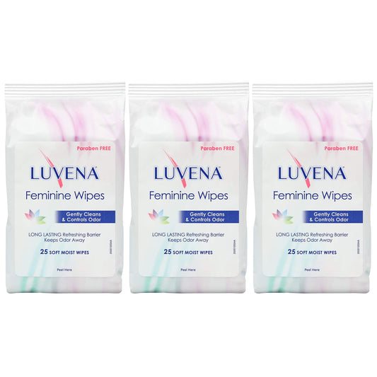Luvena feminine wipes pack—25 count—for on-the-go refresh.