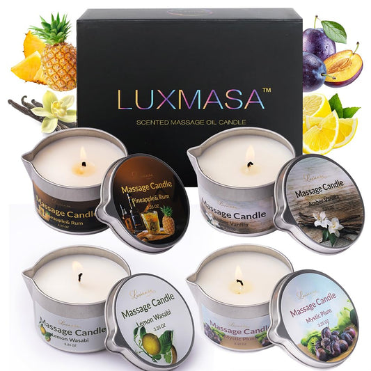 LUXMASA massage candle tin glowing for an at-home spa and skin hydration.