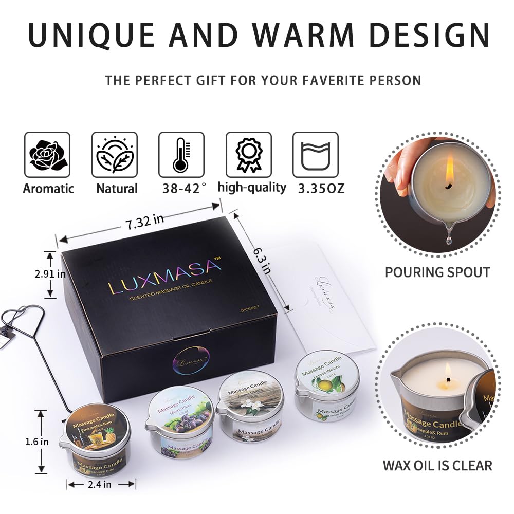 LUXMASA massage candle pour spout prevents spills during at-home massages.