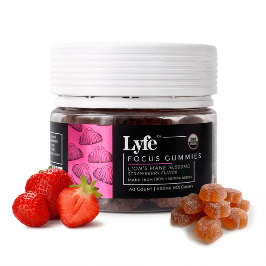LYFE Functional Mushroom Gummies bottle front for daily focus and mood balance.