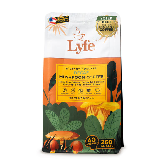 LYFE Organic Instant Decaf bottle showing earthy blend for steady focus.