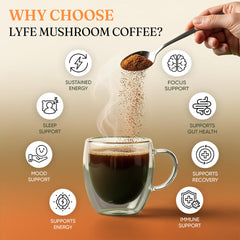 LYFE mushroom coffee scoop highlights blend for steady, mindful energy.