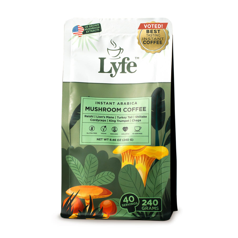 LYFE Organic Mushroom Coffee bottle pour for a smooth daily energy ritual.
