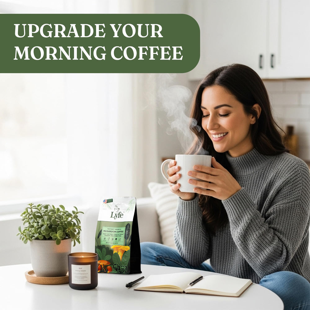 LYFE Organic Mushroom Coffee energy focus boost in the morning.