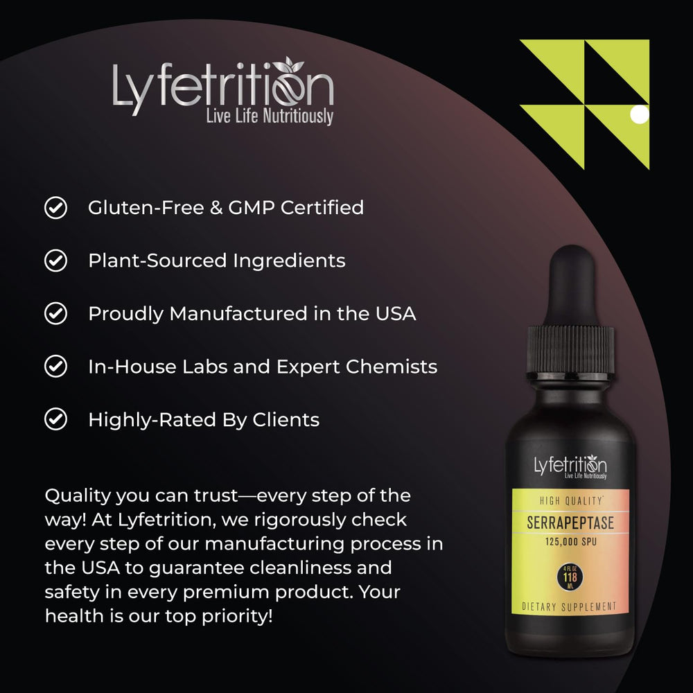 USA-made Lyfetrition Serrapeptase bottle confirming quality production.