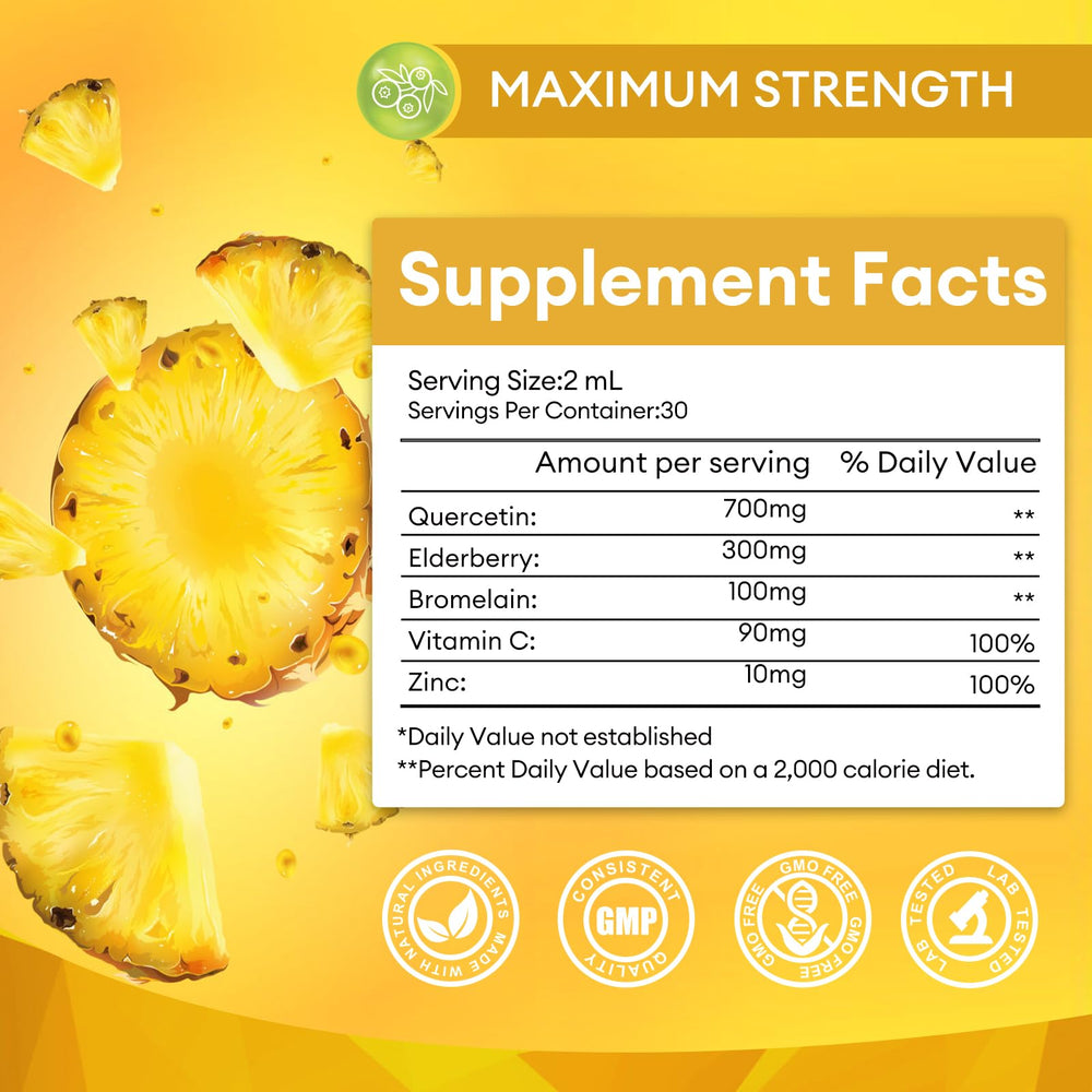 M inch Quercetin Liquid Drops two-ounce bottle on kitchen counter for daily use