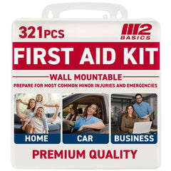 M2 BASICS Premium 321-piece first aid kit in a hard case for versatile home and workplace readiness.