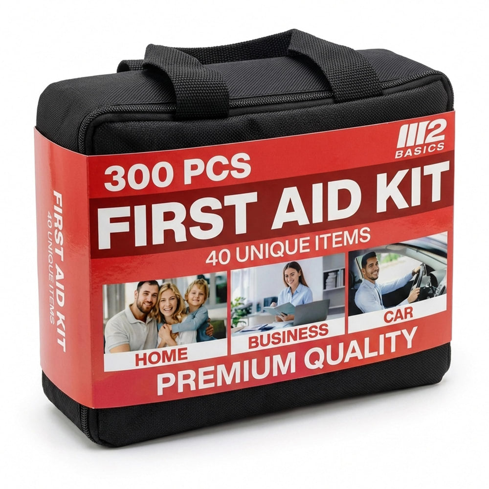 M2 BASICS Premium 300-Piece First Aid Kit in a rugged bag for home and travel.