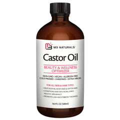 M3 Naturals castor oil bottle closeup for pure, hexane-free hair and skin care.