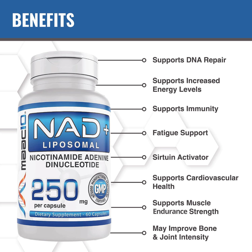 MAAC10 Liposomal NAD+ bottle side label showcasing vegan and gluten-free claims.