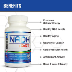 Serving of two MAAC10 tablets showing CoQ10 blend
