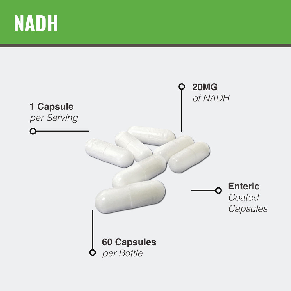 Enteric-coated MAAC10 NADH capsule closeup highlighting absorption benefits.