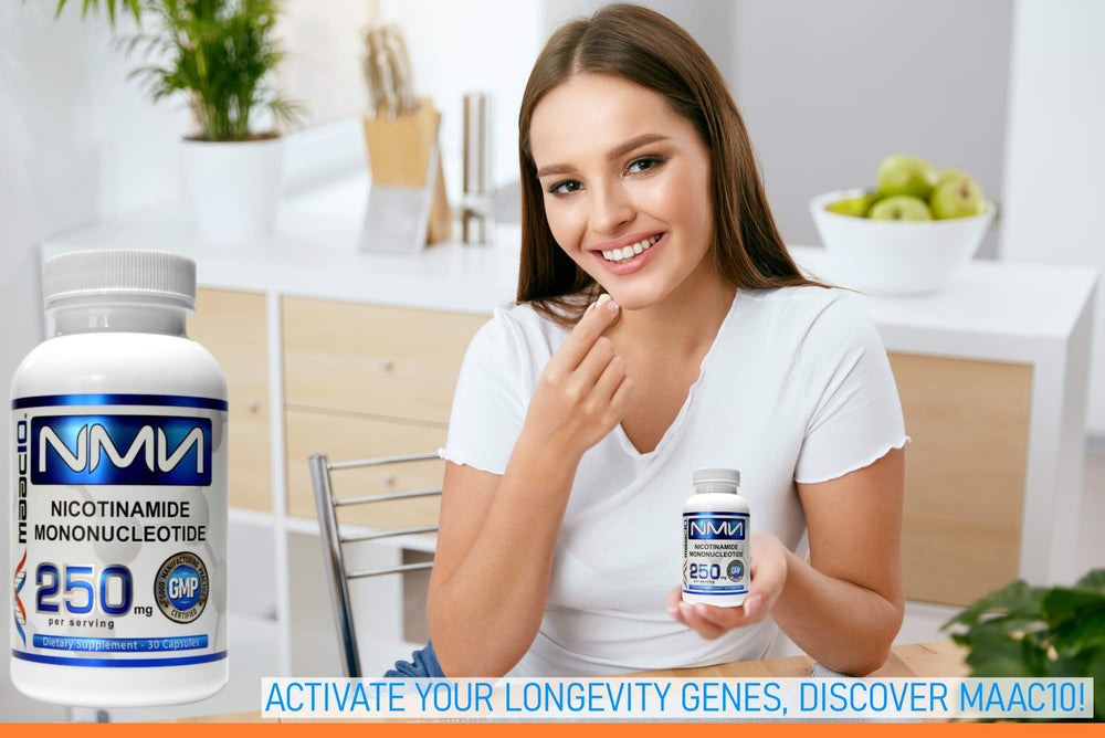 MAAC10 NMN label emphasizes GMP and NSF-certified quality and third-party testing.