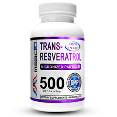MAAC10 Trans-Resveratrol bottle with capsules promoting cellular health and absorption.