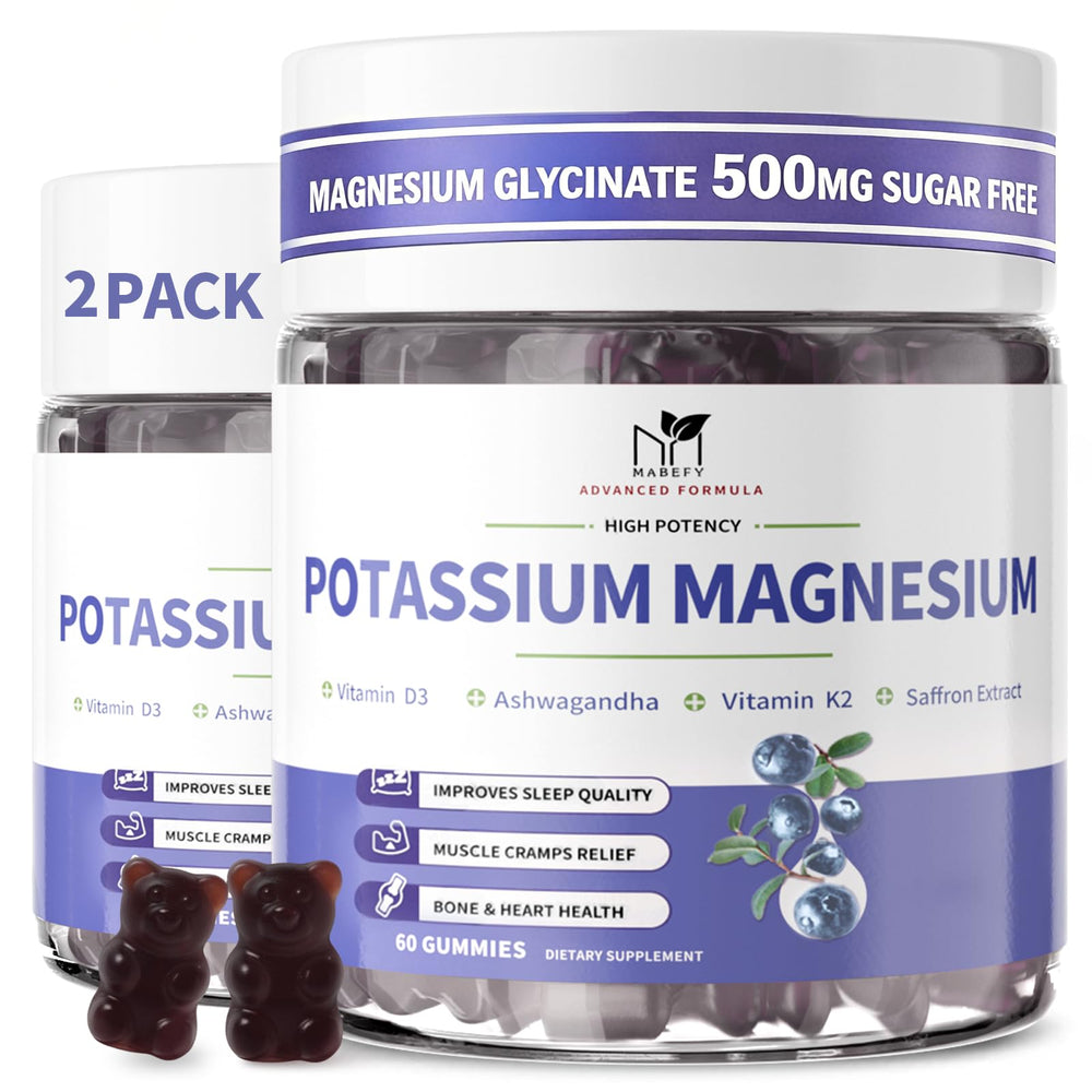 MABEFY potassium magnesium gummies bottle promoting daily muscle relaxation support