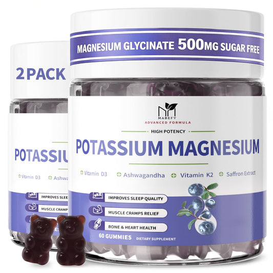 MABEFY potassium magnesium gummies bottle promoting daily muscle relaxation support