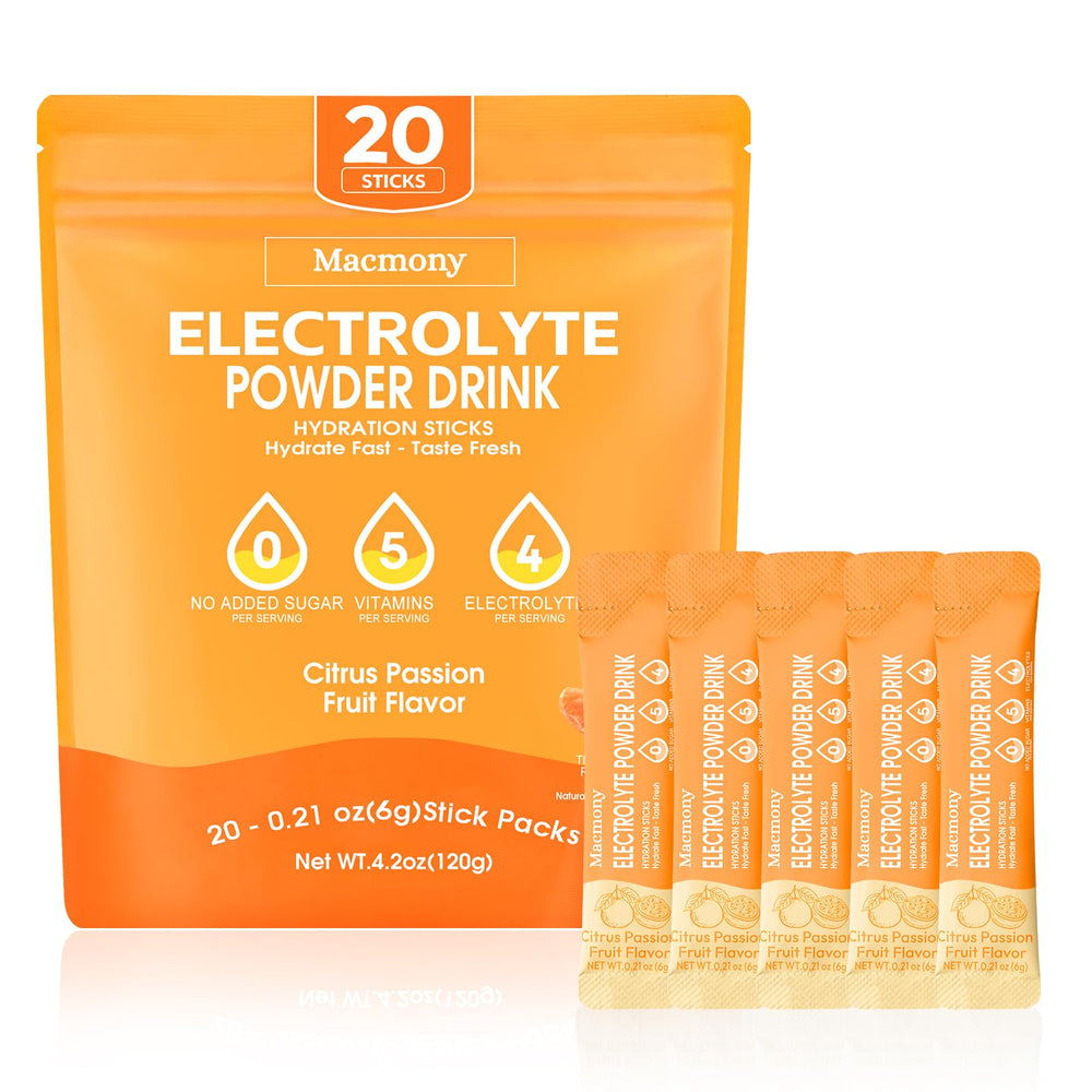 Macmony electrolyte packets Citrus Passion front view for quick hydration during workouts.