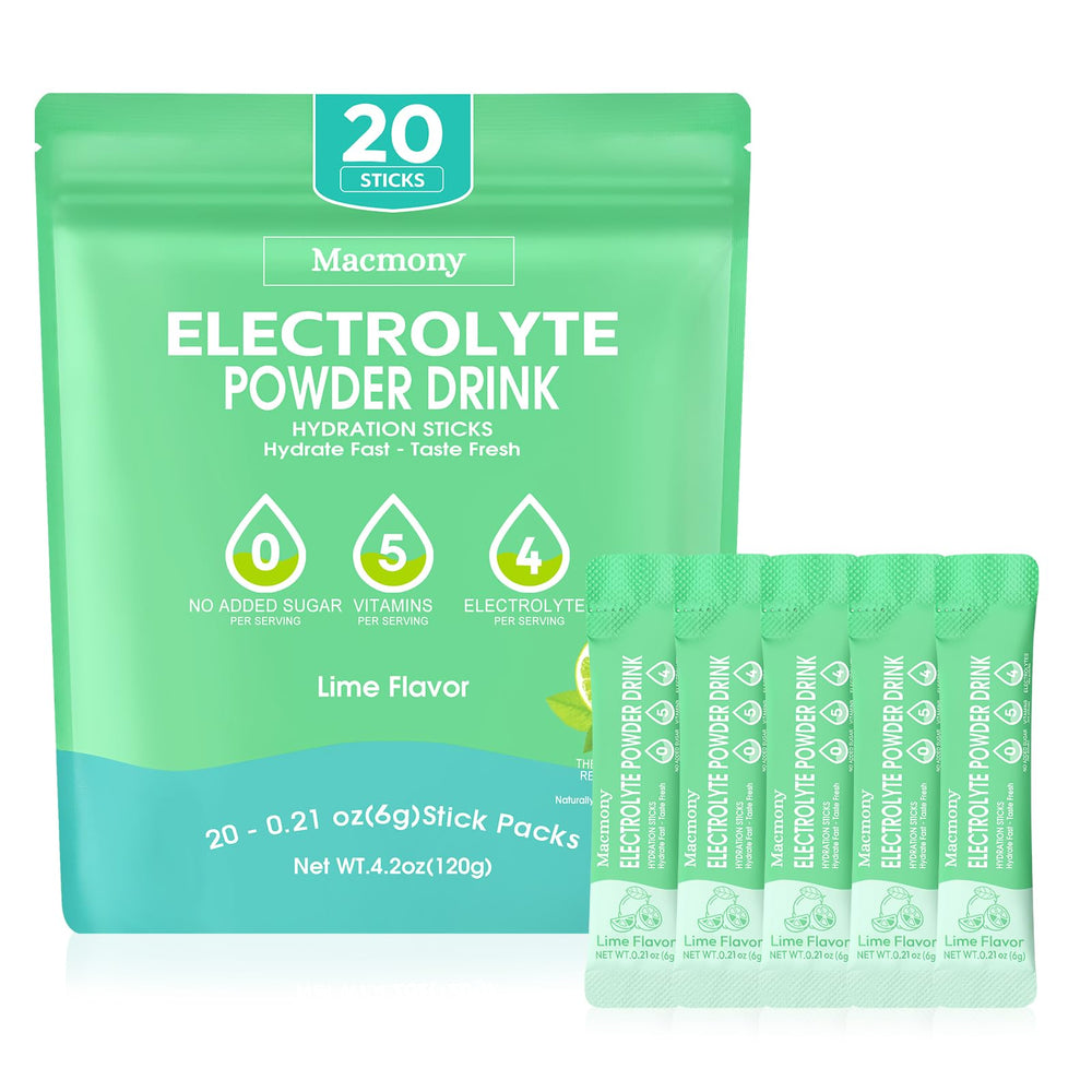 Macmony electrolyte powder lime box front for on-the-go hydration