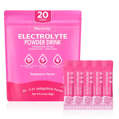 Macmony electrolyte raspberry packet close-up for on-the-go hydration