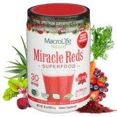 MacroLife Naturals Miracle Reds bottle pouring for daily vitality and flavor