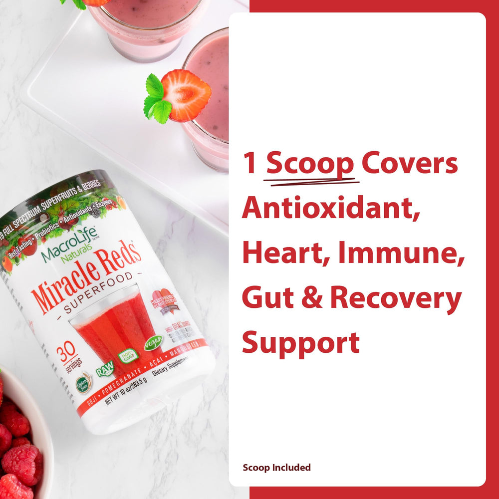 MacroLife Miracle Reds ingredients closeup showing beet and berry blend for natural color