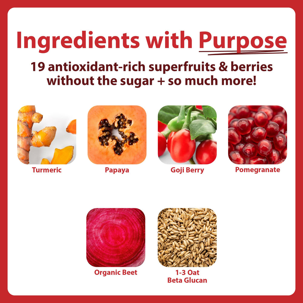 MacroLife Miracle Reds scoop beside powder ready to boost antioxidant support in smoothies