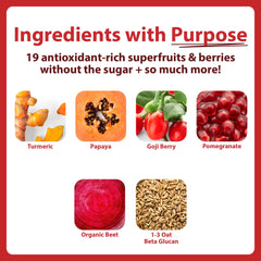 MacroLife Miracle Reds scoop beside powder ready to boost antioxidant support in smoothies