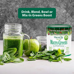 MacroLife Macro Greens powder in a morning smoothie setup for daily routine.