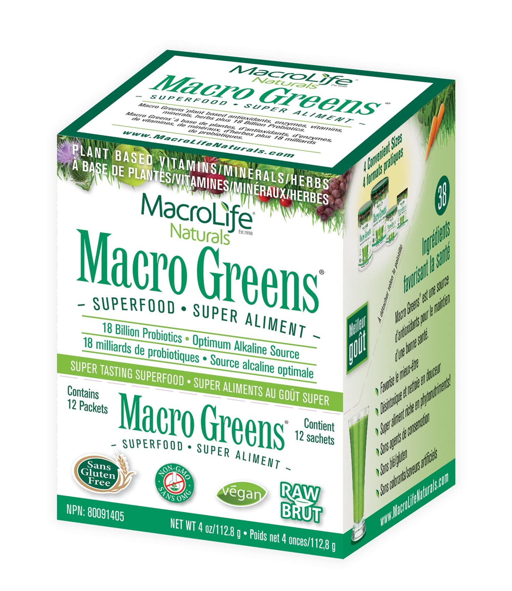 MacroLife Macro Greens bottle front for convenient daily greens on busy mornings.