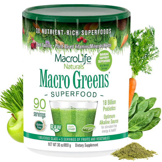 MacroLife Macro Greens powder tub front view for easy daily greens boost.