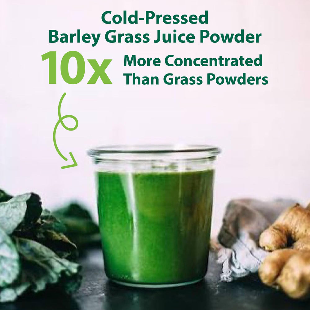 MacroLife Macro Greens powder with fresh greens backdrop for lifestyle appeal.