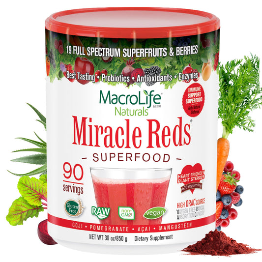 MacroLife Naturals Miracle Reds tub front view highlighting vibrant berry blend for daily antioxidant support