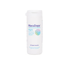 MacuDopa Night capsules bottle on a nightstand for a smoother nightly routine.