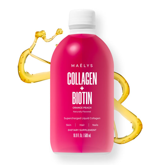MAËLYS Collagen orange peach bottle with inviting flavor for daily routine.