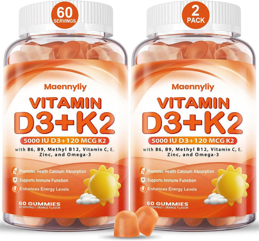 Maennyliy Vitamin D3 K2 Gummies in an orange bottle may support daily calcium absorption