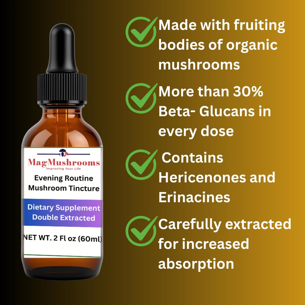 Mag Mushrooms Evening Routine tincture label shows natural, pesticide-free ingredients.