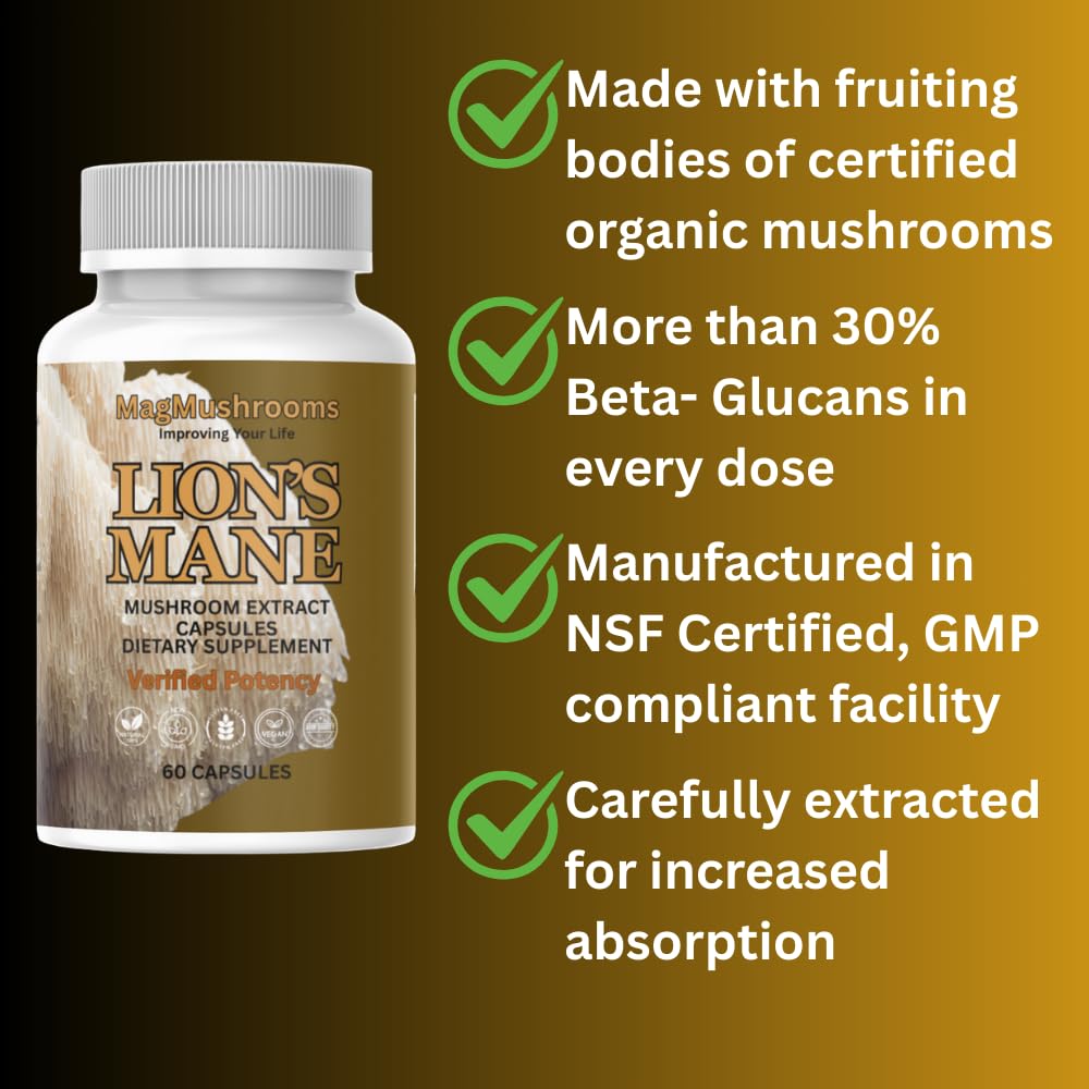 Mag Mushrooms Lion’s Mane bottle label emphasizes organic fruiting bodies for quality.