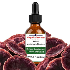 Mag Mushrooms Reishi tincture bottle with dropper for daily wellness