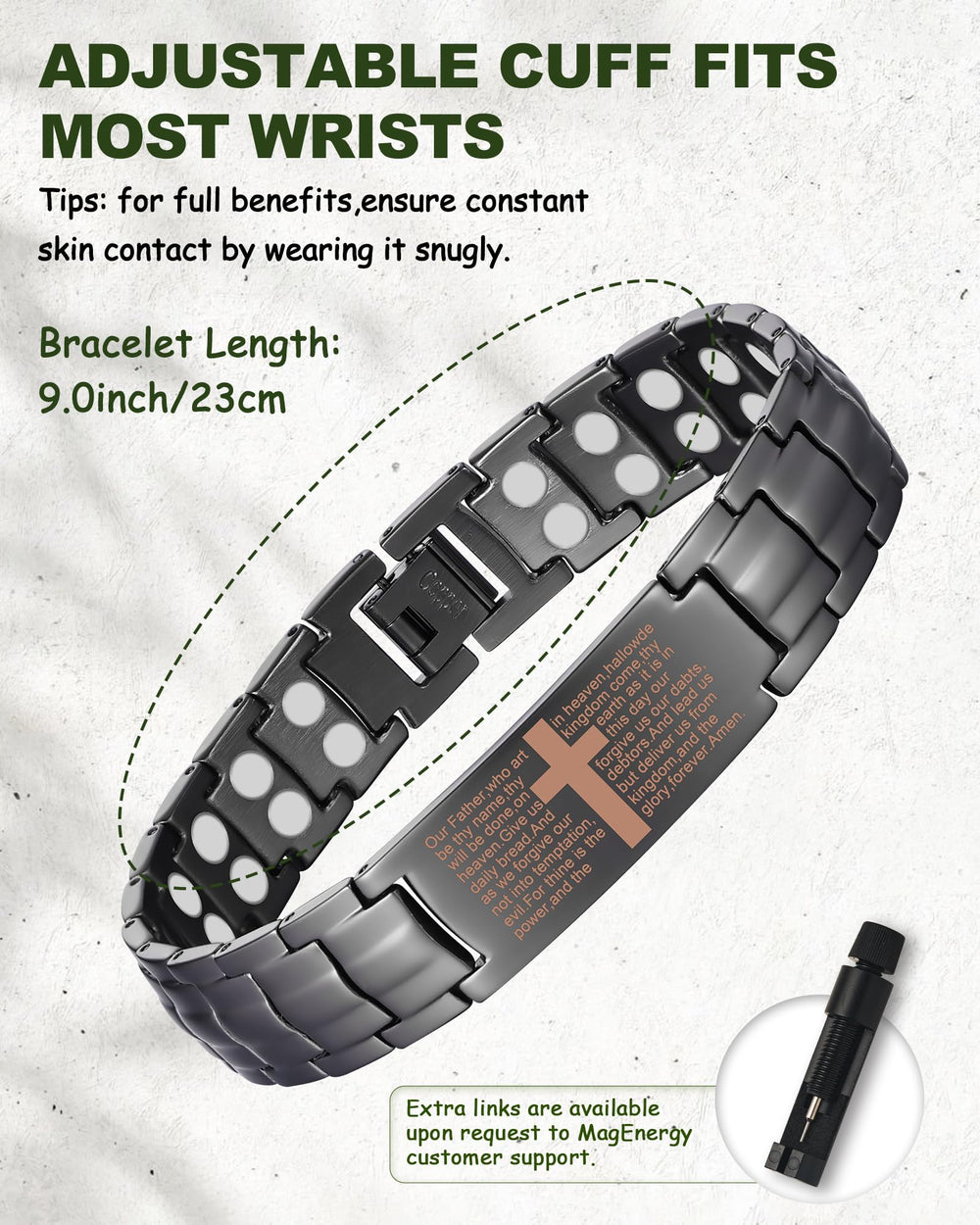 MagEnergy close-up showing scratch-resistant and hypoallergenic finish