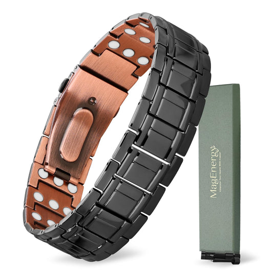 MagEnergy copper bracelet for men on wrist, hypoallergenic and comfortable.