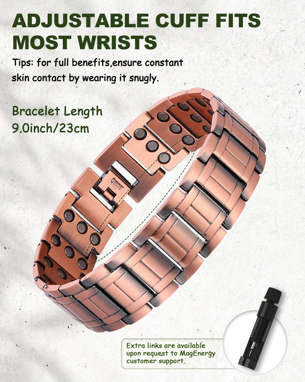 MagEnergy copper bracelet worn on wrist demonstrates comfortable, masculine style.