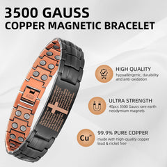 MagEnergy Copper Cross Bracelet wrist close-up highlights hypoallergenic copper and smooth texture.